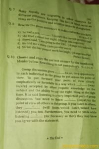 BLE English Question paper of class 8